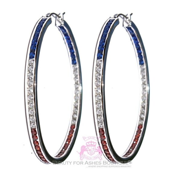 USA American Flag Independence Day 4th of July Patriotic Blue Red White Cz Hoops - Picture 1 of 4